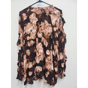 MAURICES Womens Brown Floral Blouse Size 4X Smocked Neck Ruffle Slit Sleeve NEW